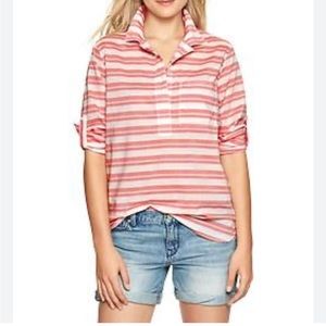 Gap Maternity Pink Orange Popover Roll Tab Sleeve Collared Cotton Striped Shirt